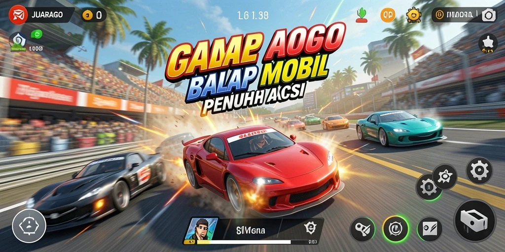Tangkapan layar JUARAGO menampilkan aksi balap yang mendebarkan dan mobil pilihan.