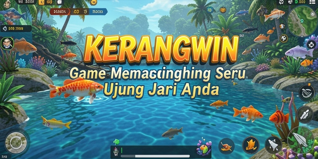 Tampilan gameplay <strong>KERANGWIN</strong> saat memancing ikan di laut yang jernih.